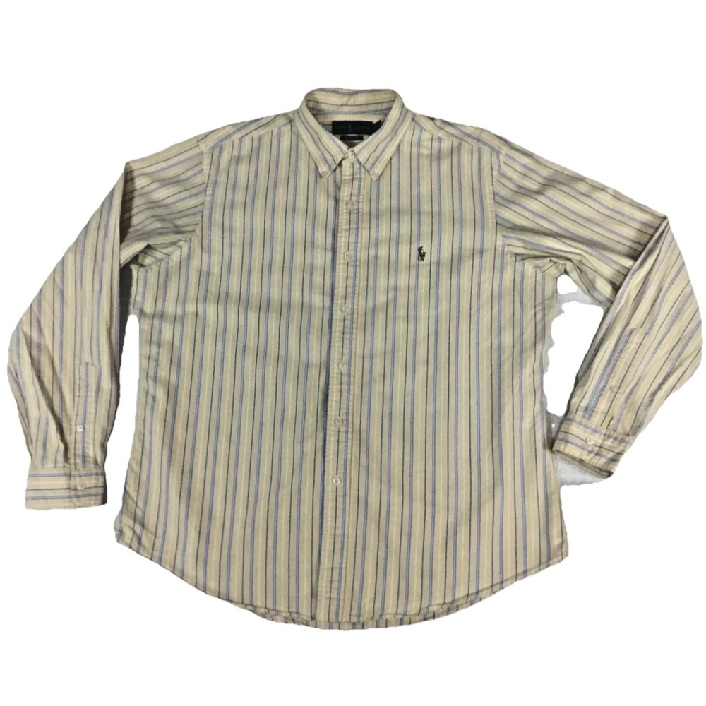 Ralph Lauren Mens XL Custom Fit Striped Button Down Shirt Yellow Blue White Pony